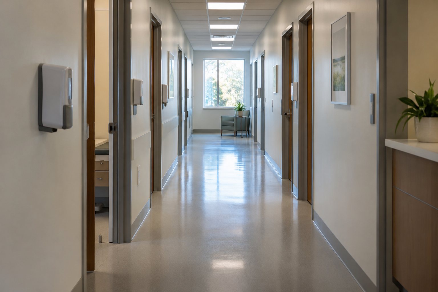 A polished medical corridor with sanitizing stations
