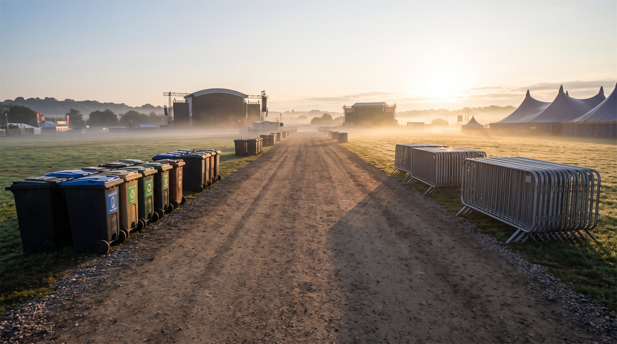 Festival grounds prepared at dawn before guests arrive