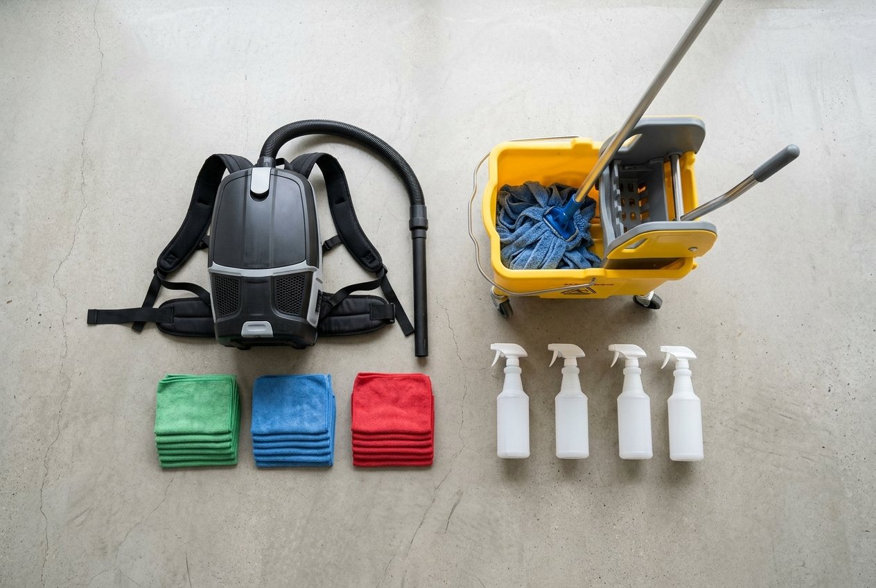 Color-coded microfiber cloths, a HEPA backpack vacuum and cleaning equipment
