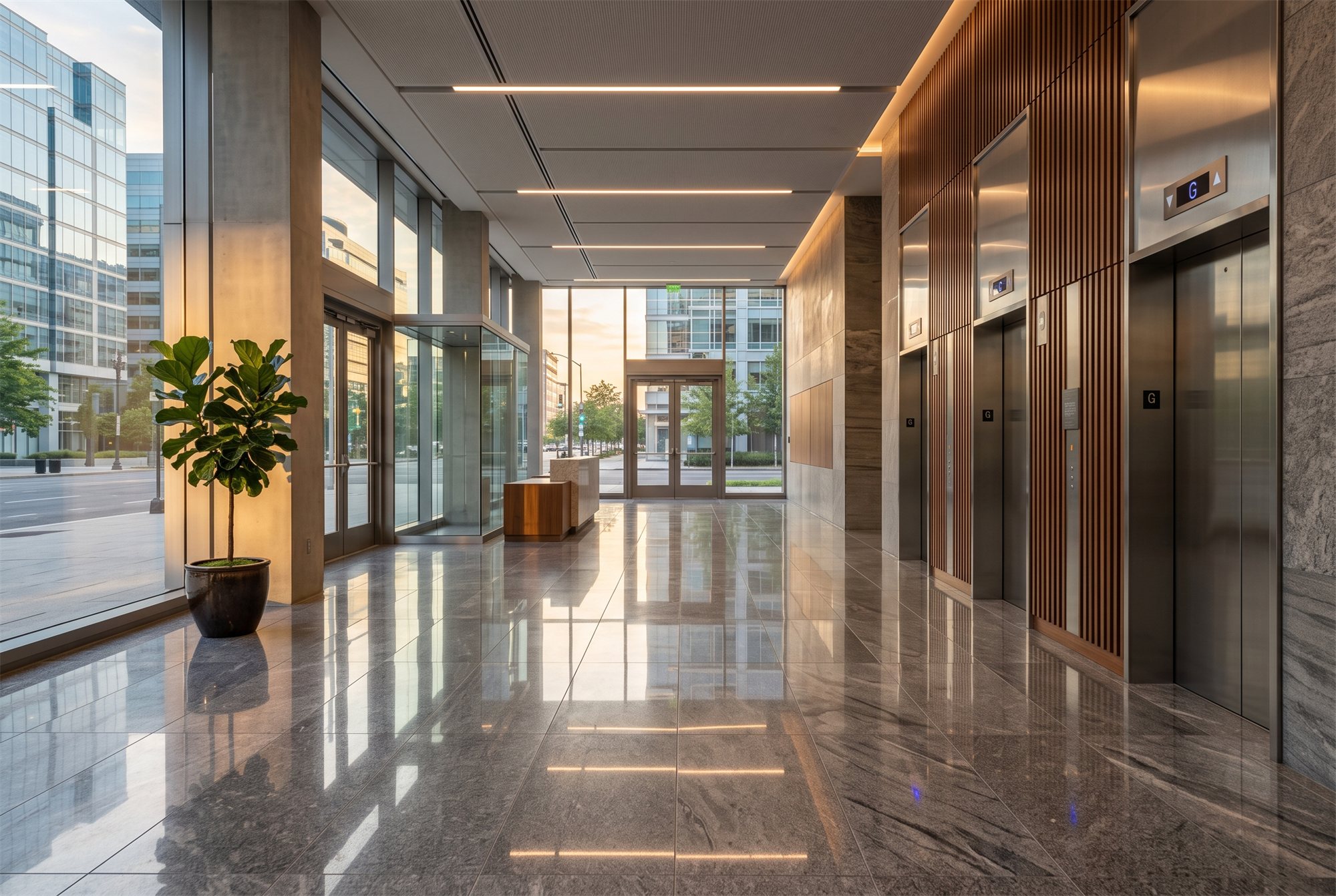 A polished commercial building lobby in the morning