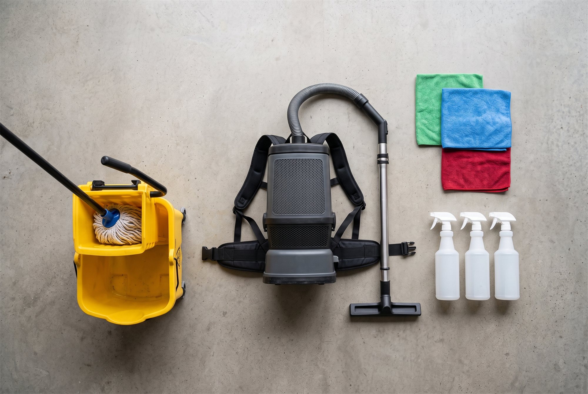 HEPA backpack vacuum, microfiber cloths and cleaning supplies arranged for a crew