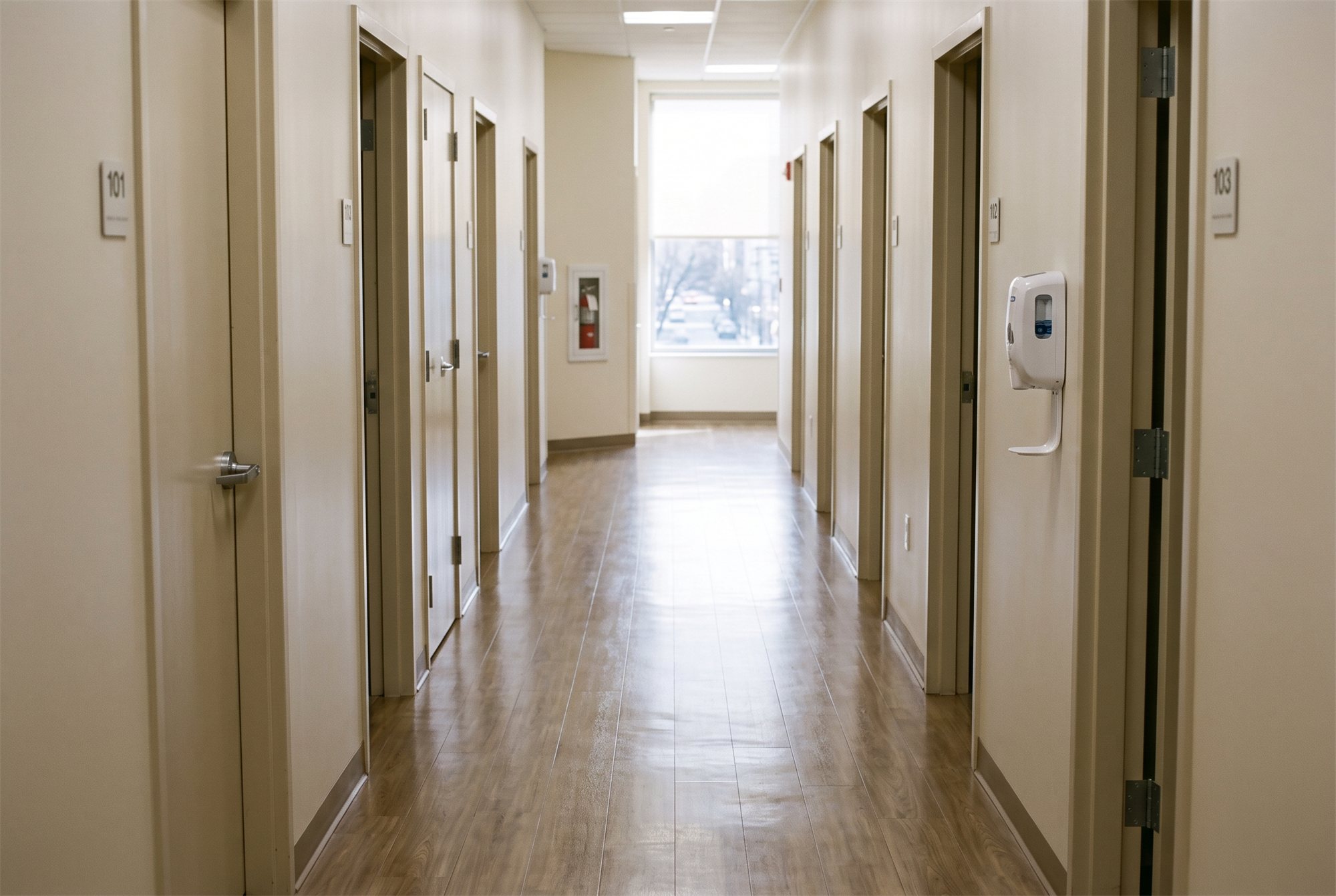 A clean medical facility corridor with treatment rooms